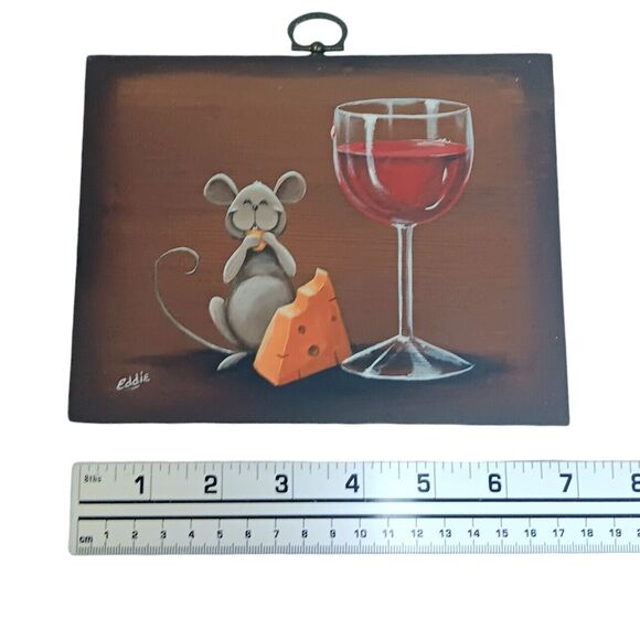 Mouse With Cheese And Wine Original Painting On Wood Signed Eddie Handpainted #3 - Picture 6 of 8